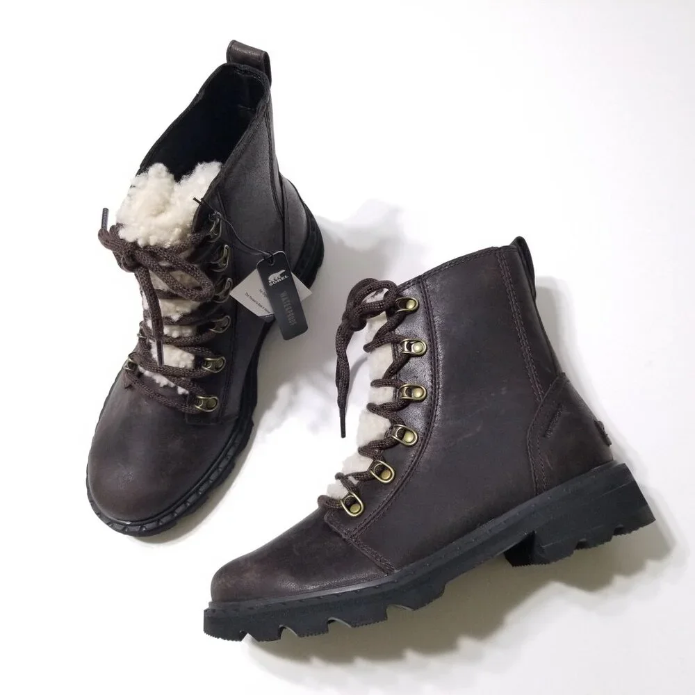 NWOB Sorel Lennox Lace Cozy Waterproof Winter Boots in Blackened Brown Sz 6.5, 7